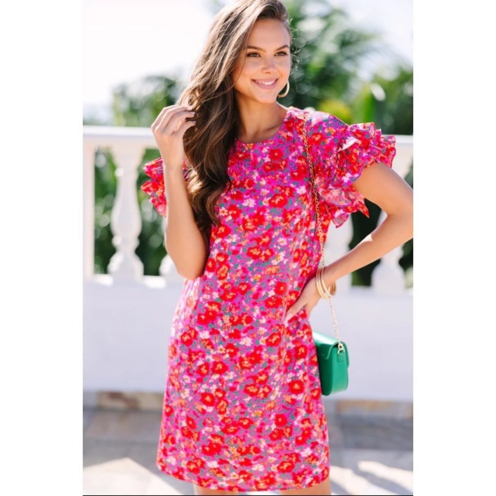 The Mint Julep Boutique Shift Dress Womens XL Pink‎ Ditsy Floral Flutter Sleeve